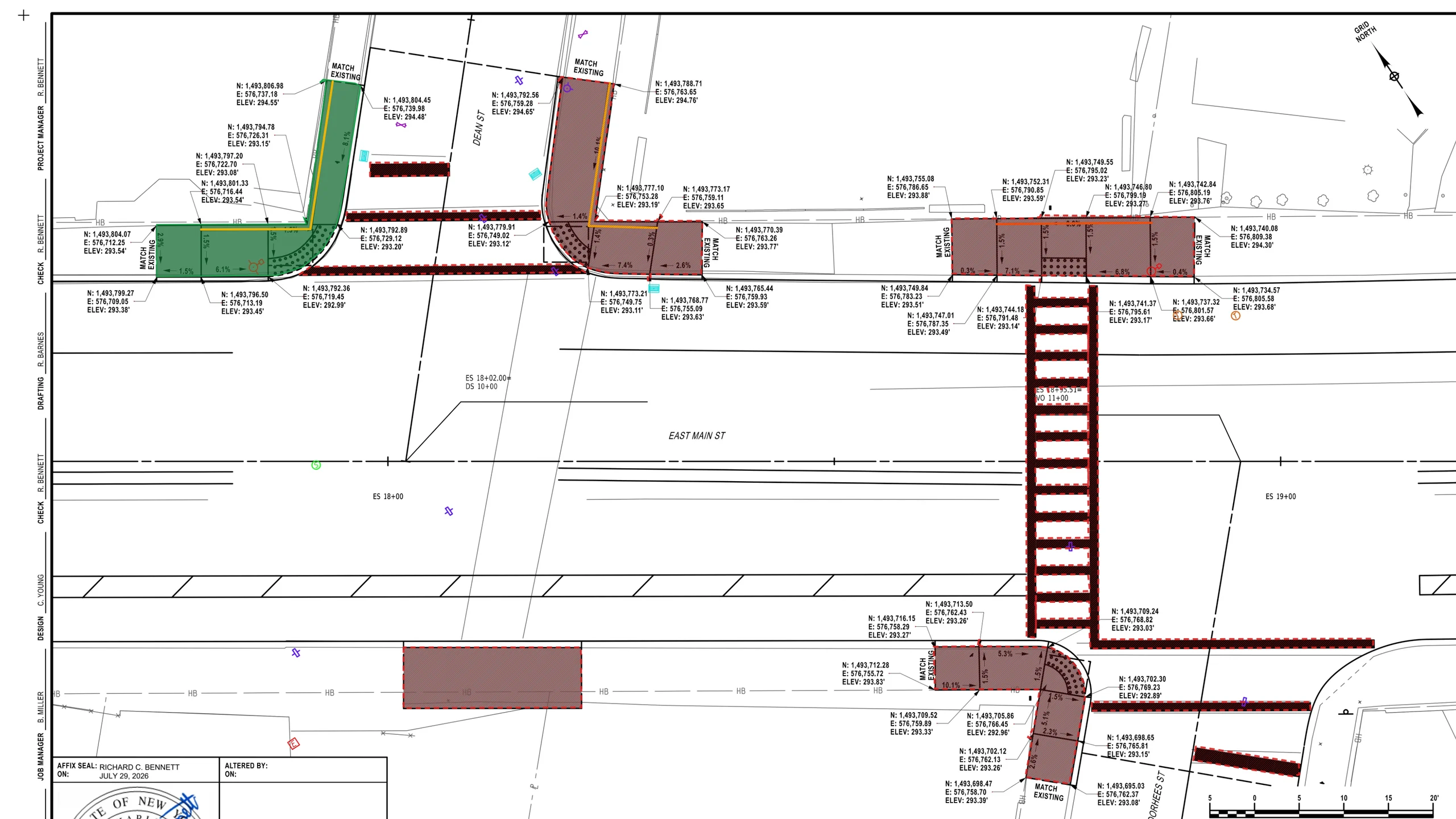 Plan sheet in Zip Takeoff with Smart Area suggestions: curb ramps outlined in red, claimed ramps filled green.