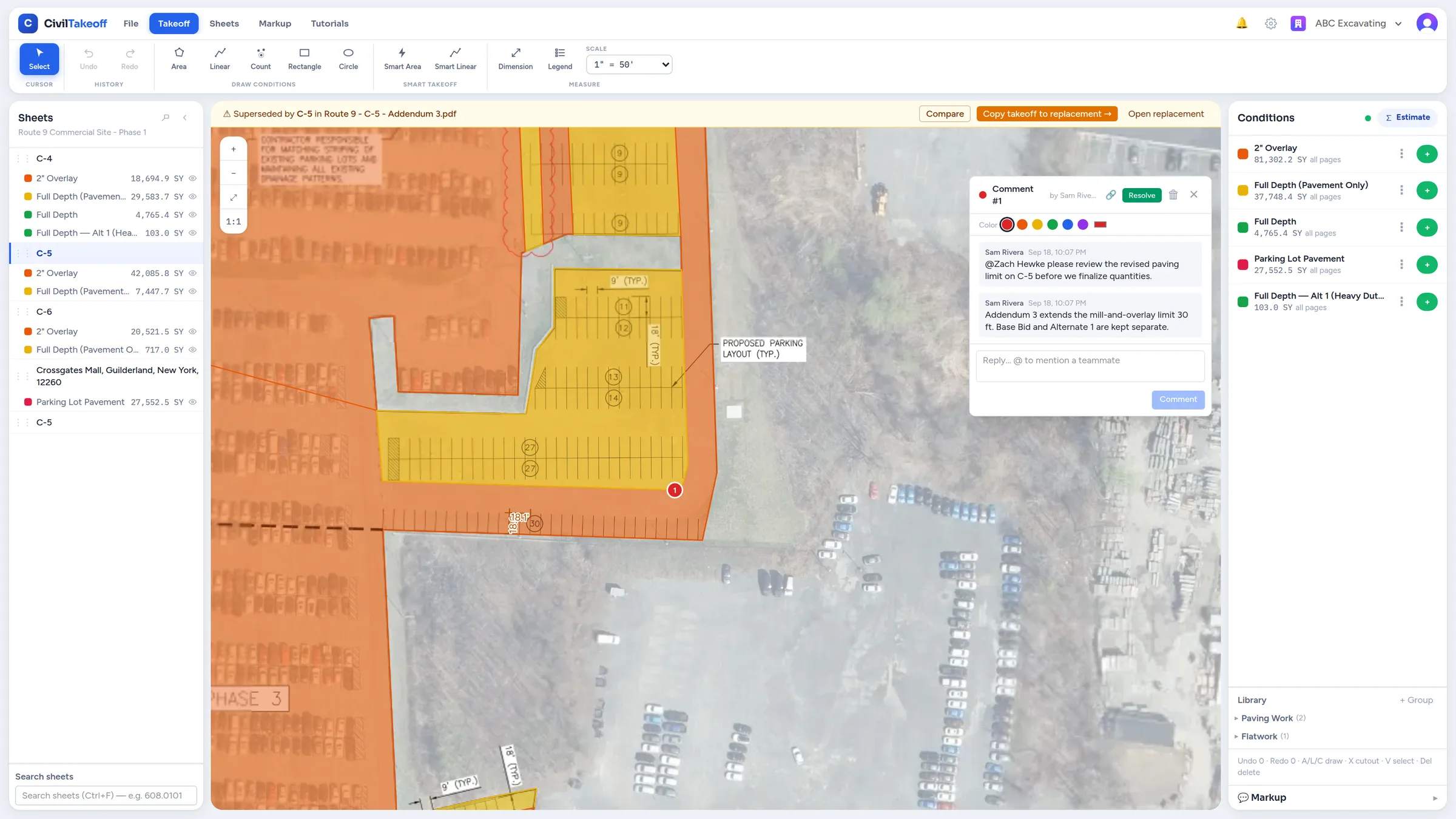 A pinned comment and @mention keep a question about revised paving limits attached to the sheet.