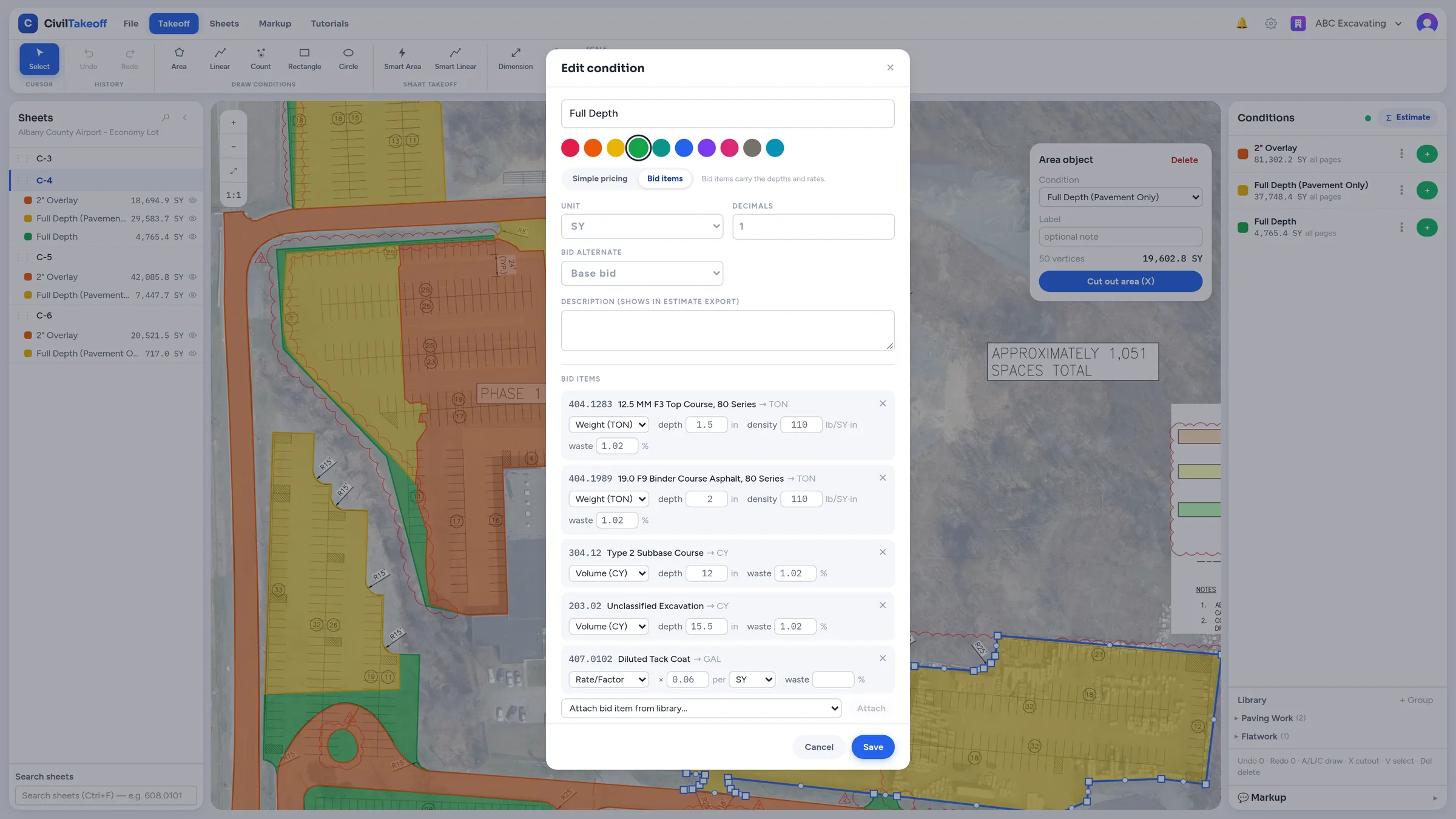 A paving measurement group with attached asphalt, subbase, and other bid items using their own quantity settings.