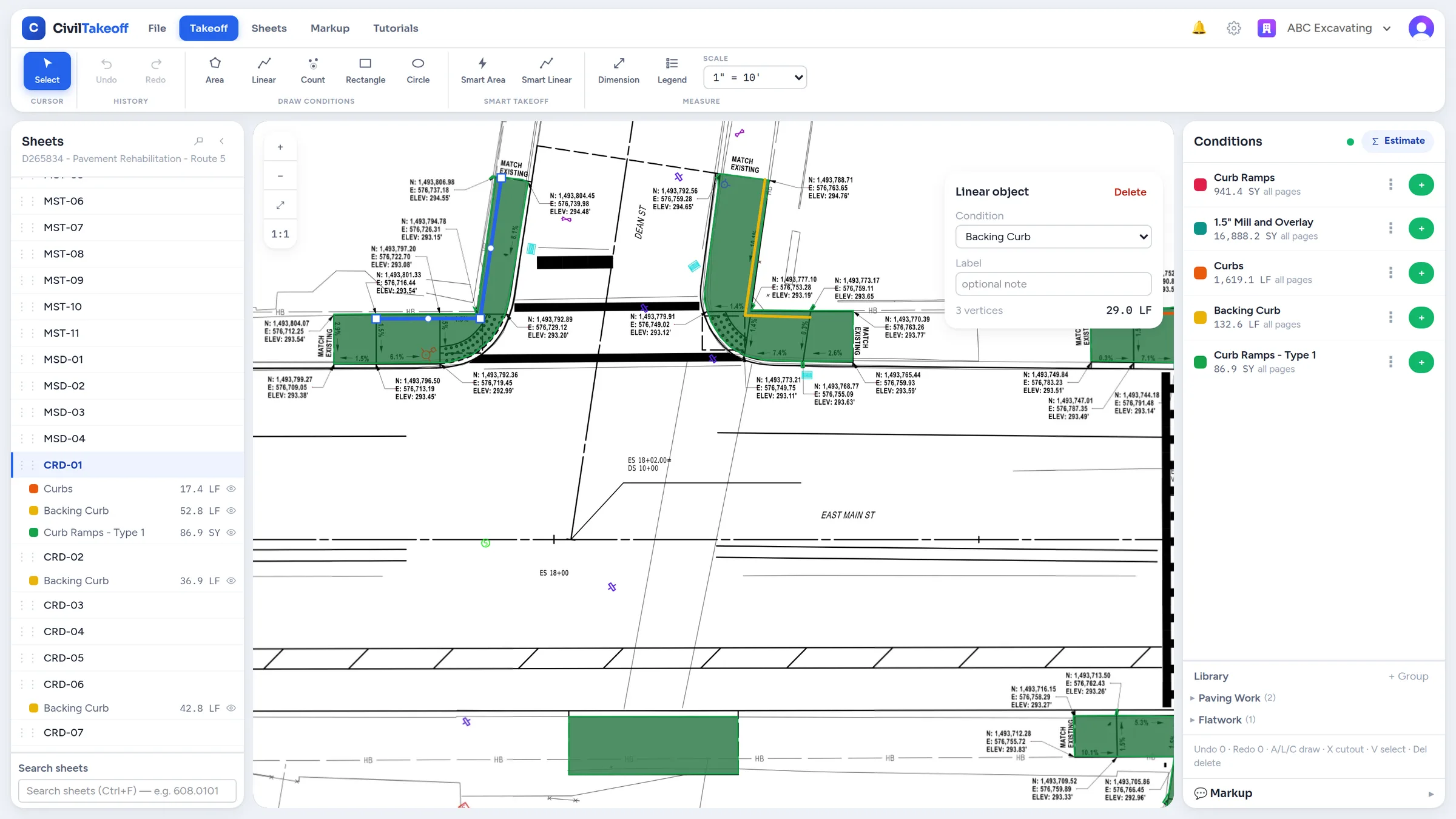 PDF takeoff software with a selected Backing Curb measurement, named sheets, and quantities grouped by work type.