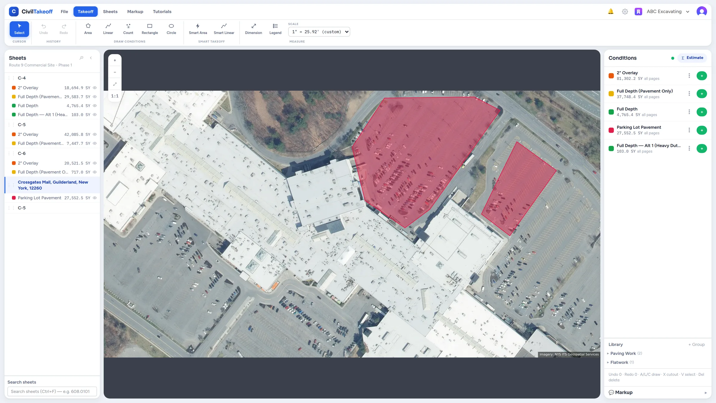 Parking-lot pavement measured on aerial imagery, with PDF sheets available in the same project.