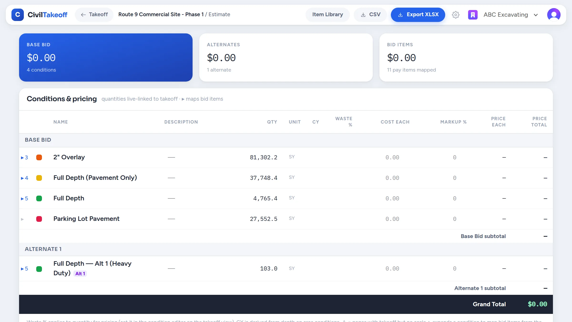 Export pay-item quantities as XLSX from the free plan.