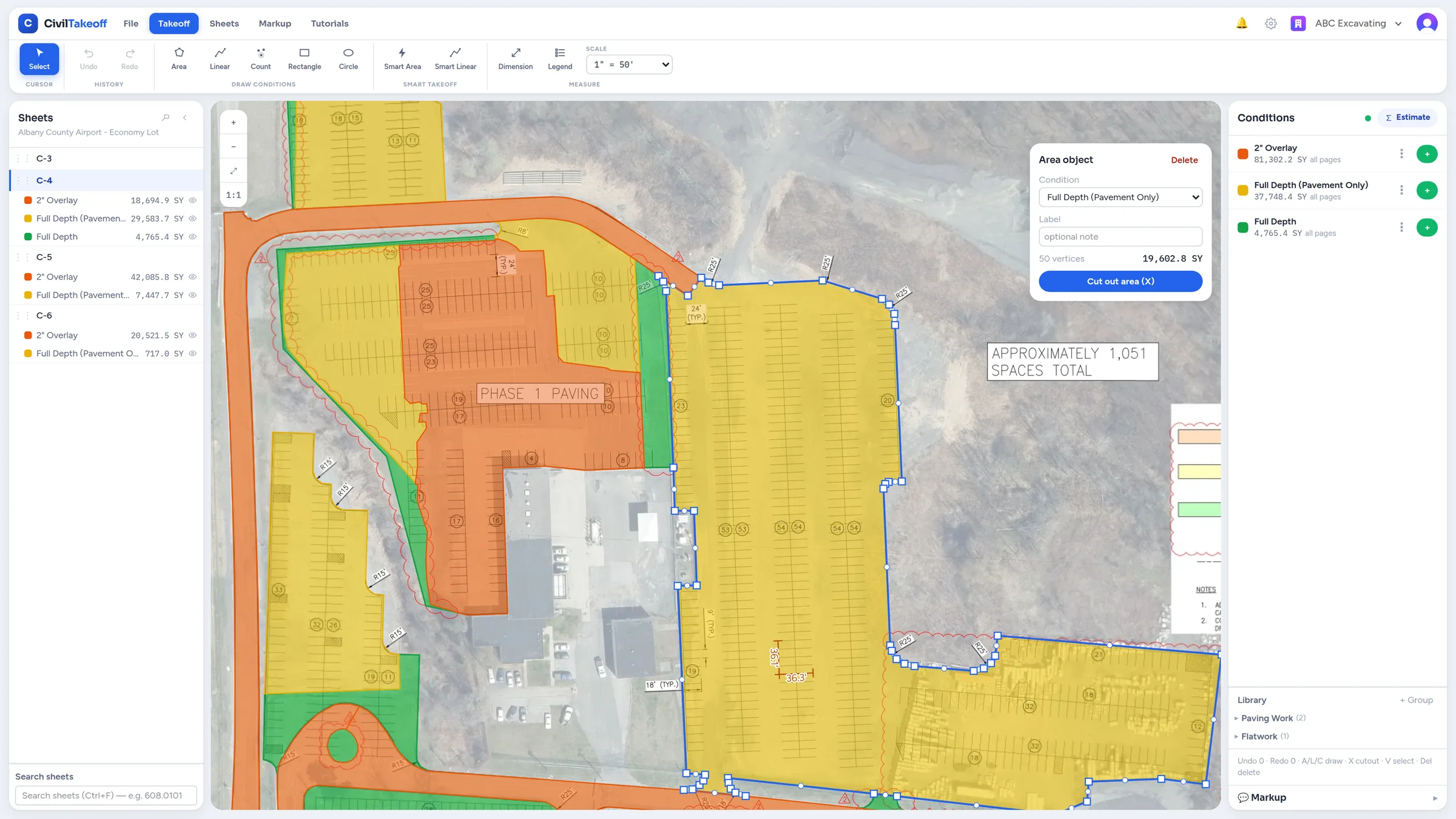 Select a supported vector paving region, then review its boundary and area.